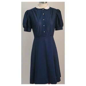 Vintage Blue White Polka Dot Dress With White Peter Pan Collar